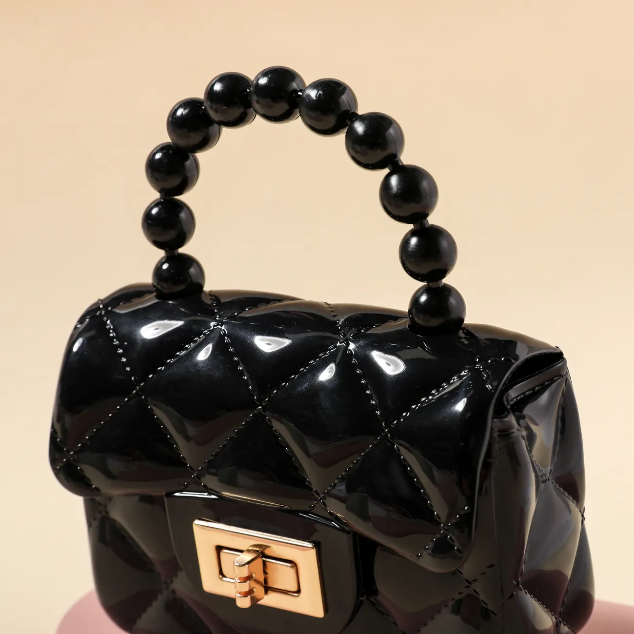 Bolso de mano con perlas lingge de geometría de color puro para niños pequeños/niños para niñas Negro big image 1