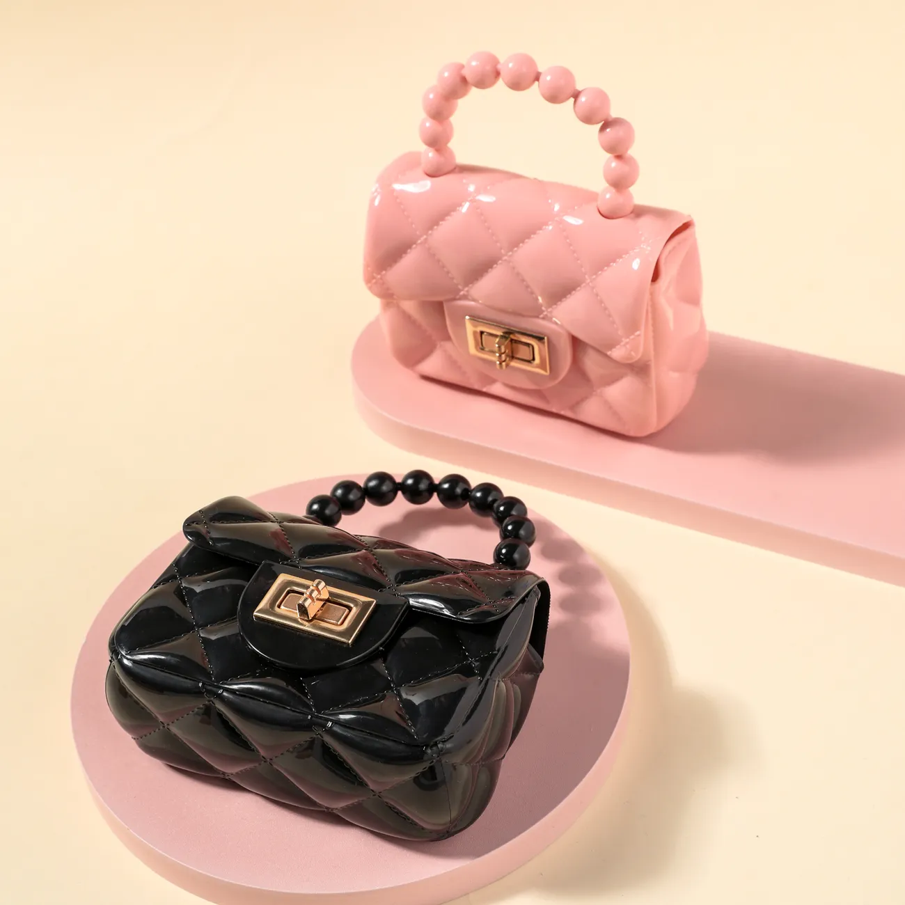 女童純色幾何菱形珍珠手提包手拿包錢包 粉色 big image 1