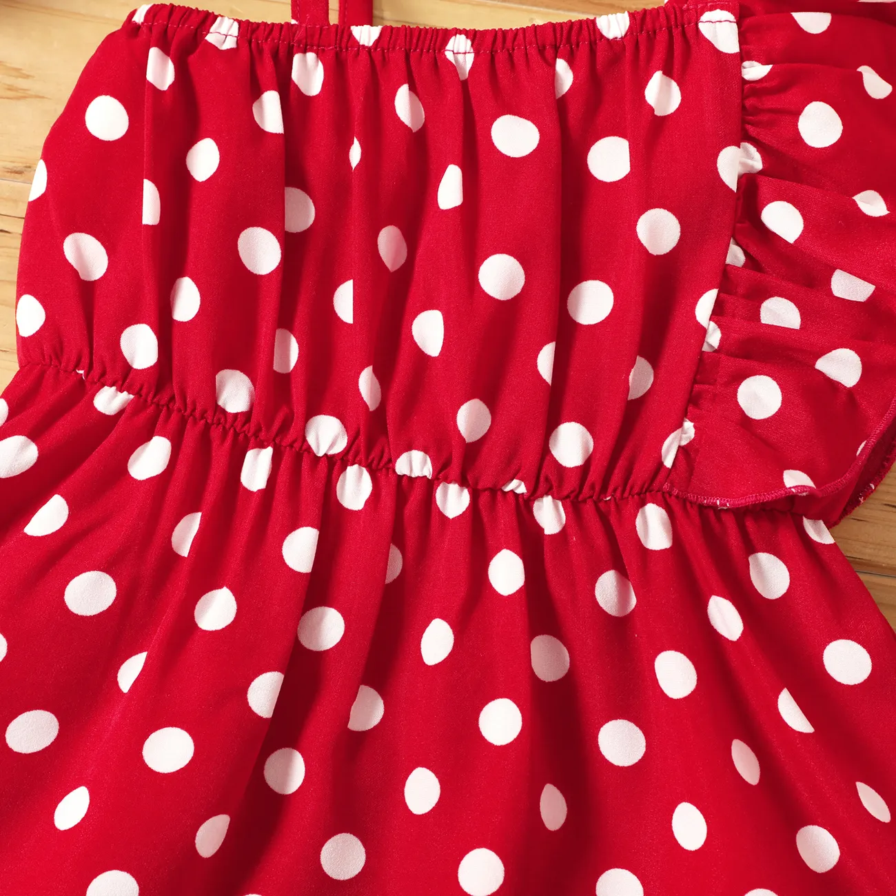 فستان كامي مكشكش منقط بكتف واحد للفتيات الصغيرات أحمر big image 1