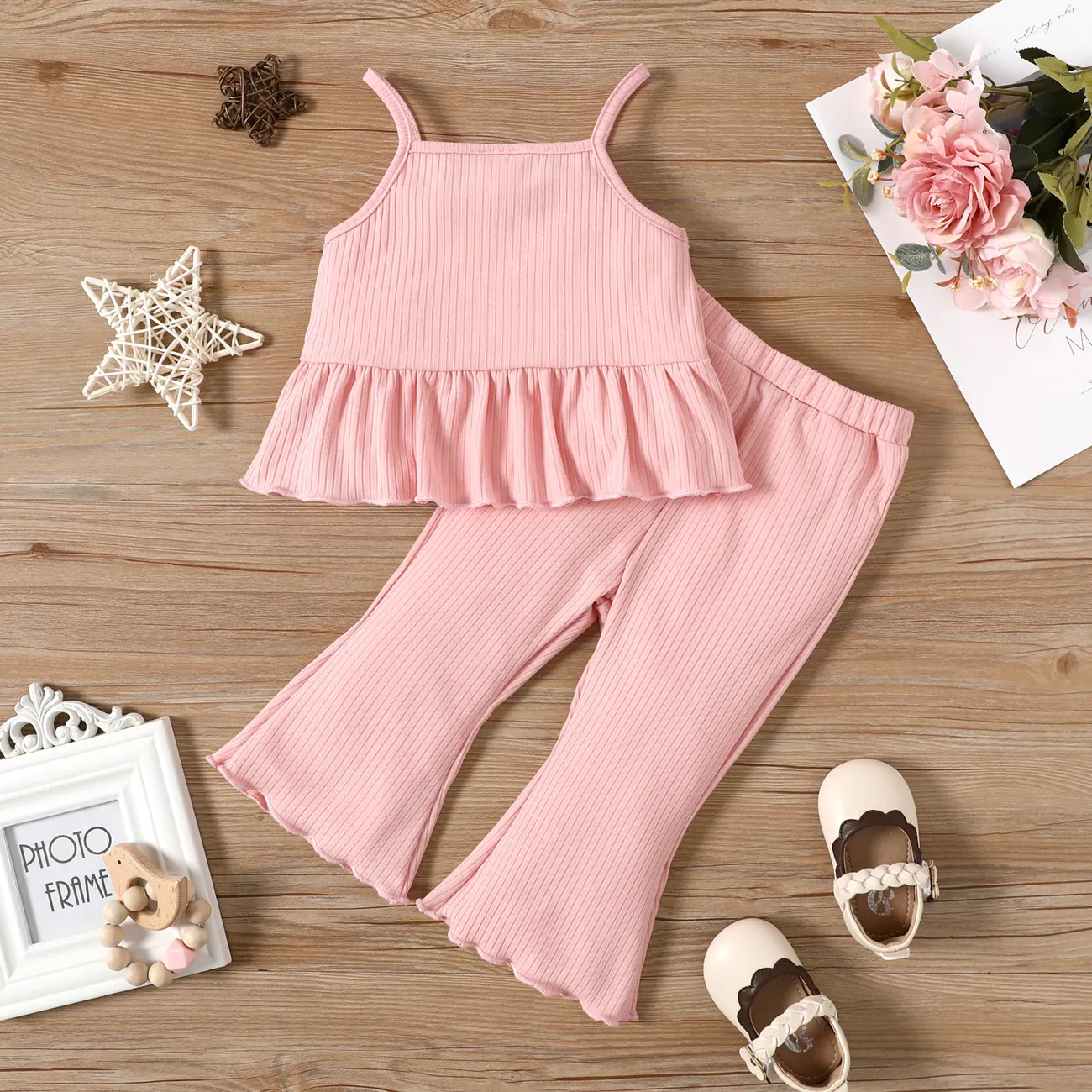 2pcs Baby Girl Solid Spaghetti Strap Peplum Top and Flared Pants Set Pink big image 1