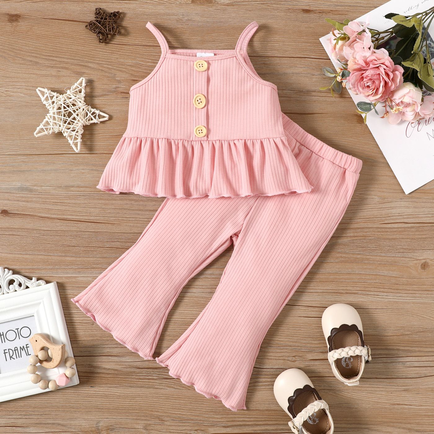 2pcs Baby Girl Solid Spaghetti Strap Peplum Top And Flared Pants Set
