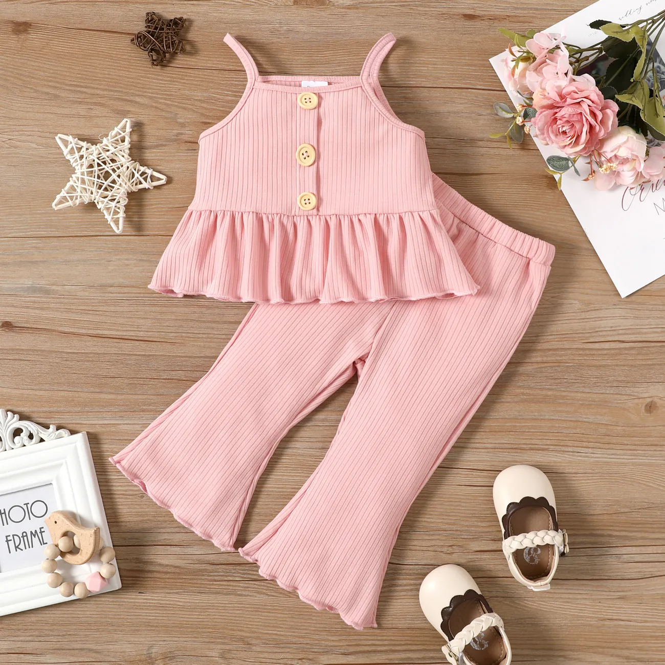 2pcs Baby Girl Solid Spaghetti Strap Peplum Top and Flared Pants Set Pink big image 1