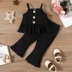 2pcs Baby Girl Solid Spaghetti Strap Peplum Top and Flared Pants Set Black