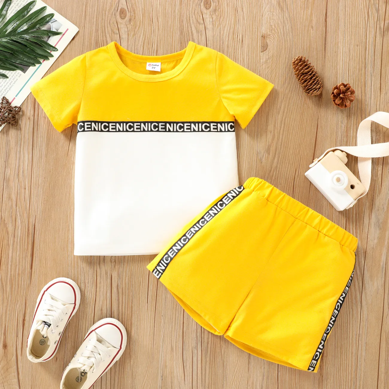 2-piece Toddler Boy Letter Print Colorblock Tee and Elasticized Shorts Set Yellow big image 1