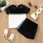 2-piece Toddler Boy Letter Print Colorblock Tee and Elasticized Shorts Set Black