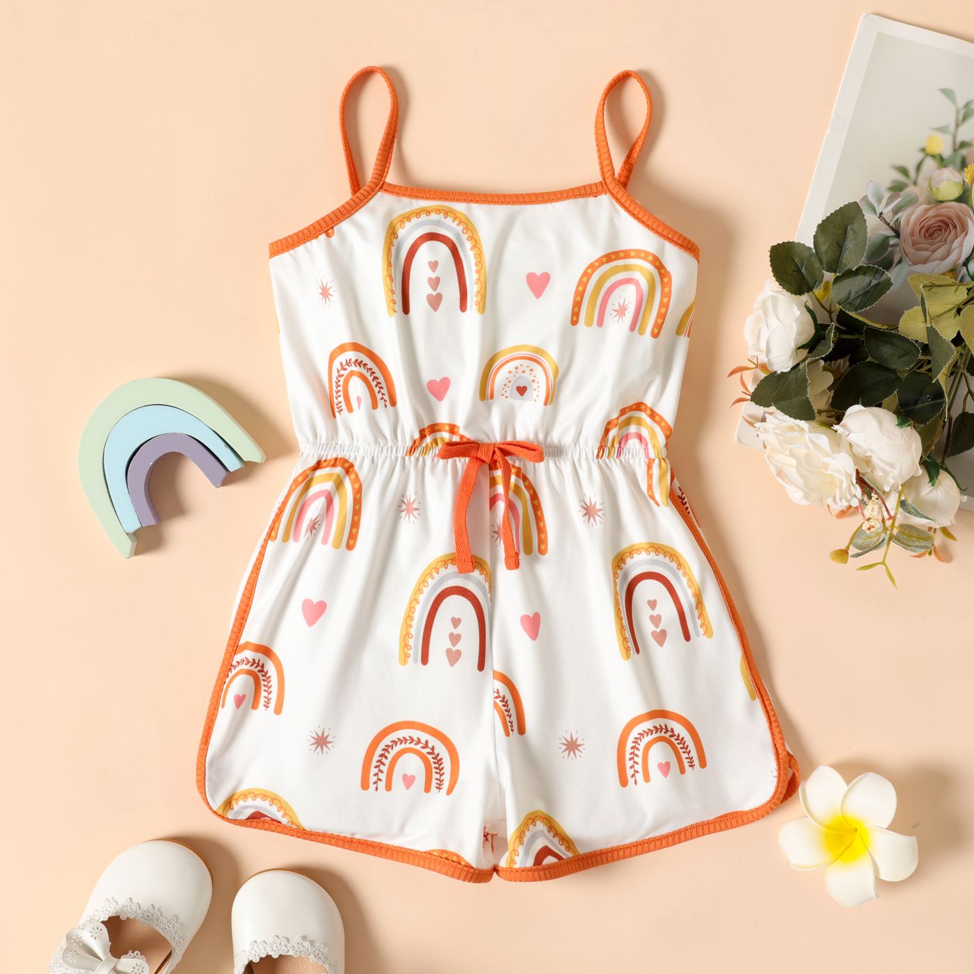 Toddler Girl Rainbow Print Bowknot Design Cami  Romper Jumpsuit Shorts