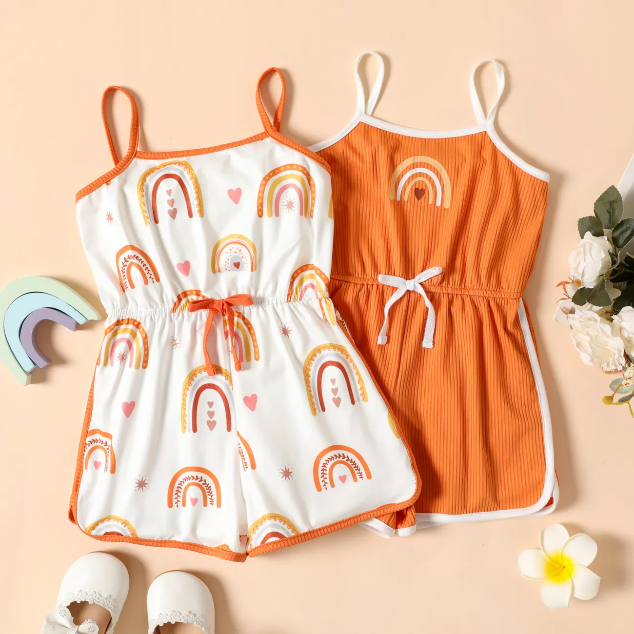 Toddler Girl Rainbow Print Bowknot Design Cami  Romper Jumpsuit Shorts Orange big image 1