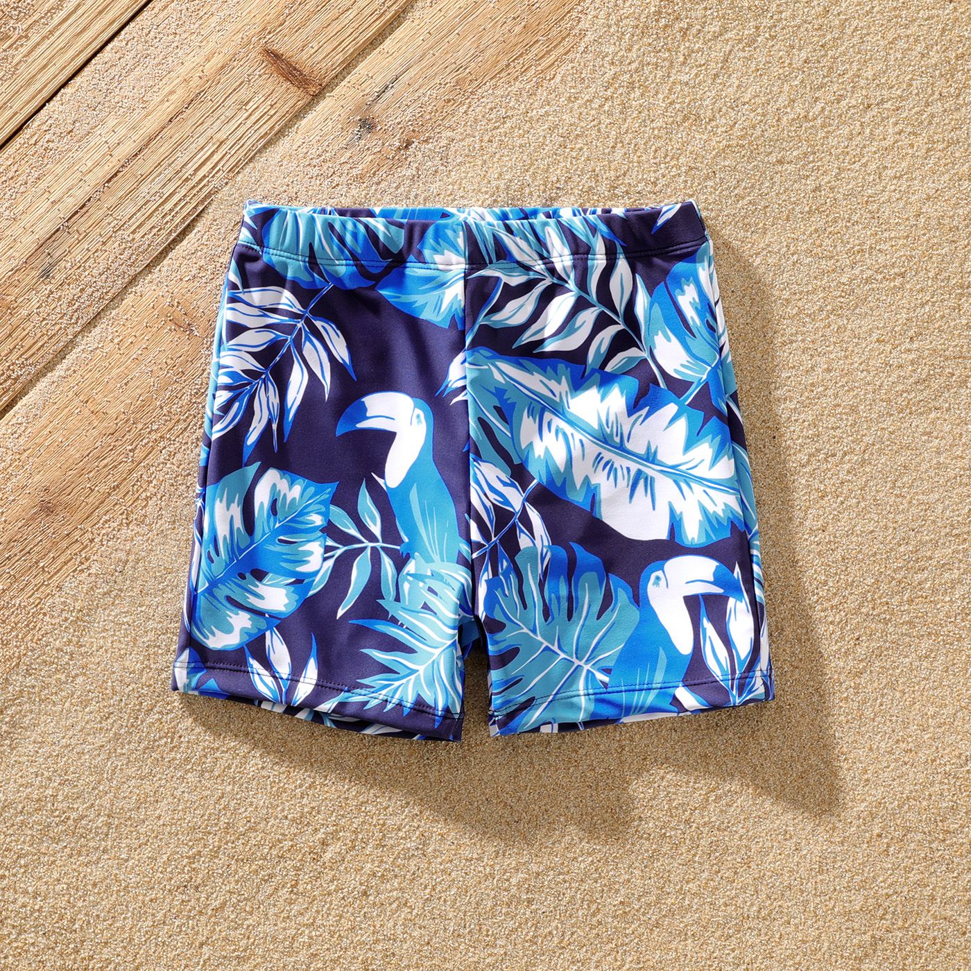 Family Matching Palm Leaves Print Blue One-piece Swimsuit