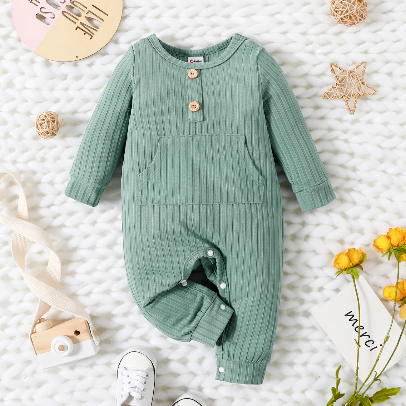 Baby Boy/Girl Solid Ribbed Long-sleeve Jumpsuit with Pocket Light Green big image 1