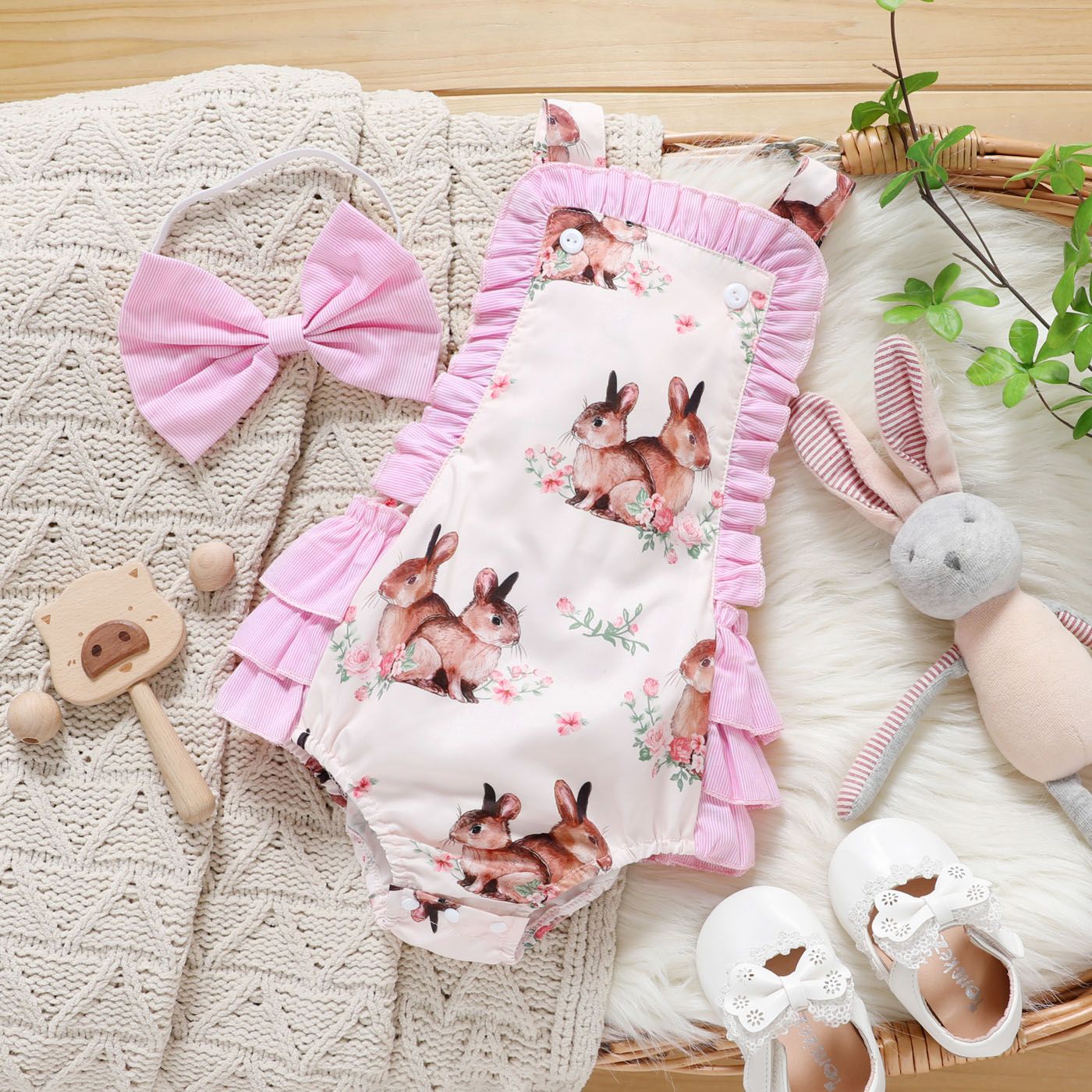 

Easter 2pcs Baby Girl Allover Rabbit Print Sleeveless Ruffle Romper with Headband Set