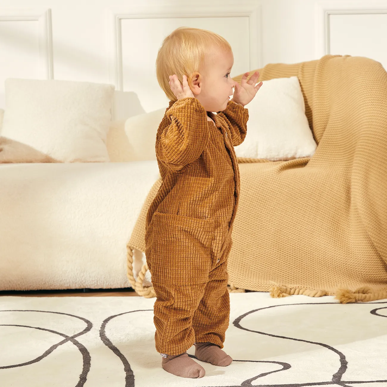 Baby Boy/Girl Solid Cable Knit Long-sleeve Jumpsuit Brown big image 1