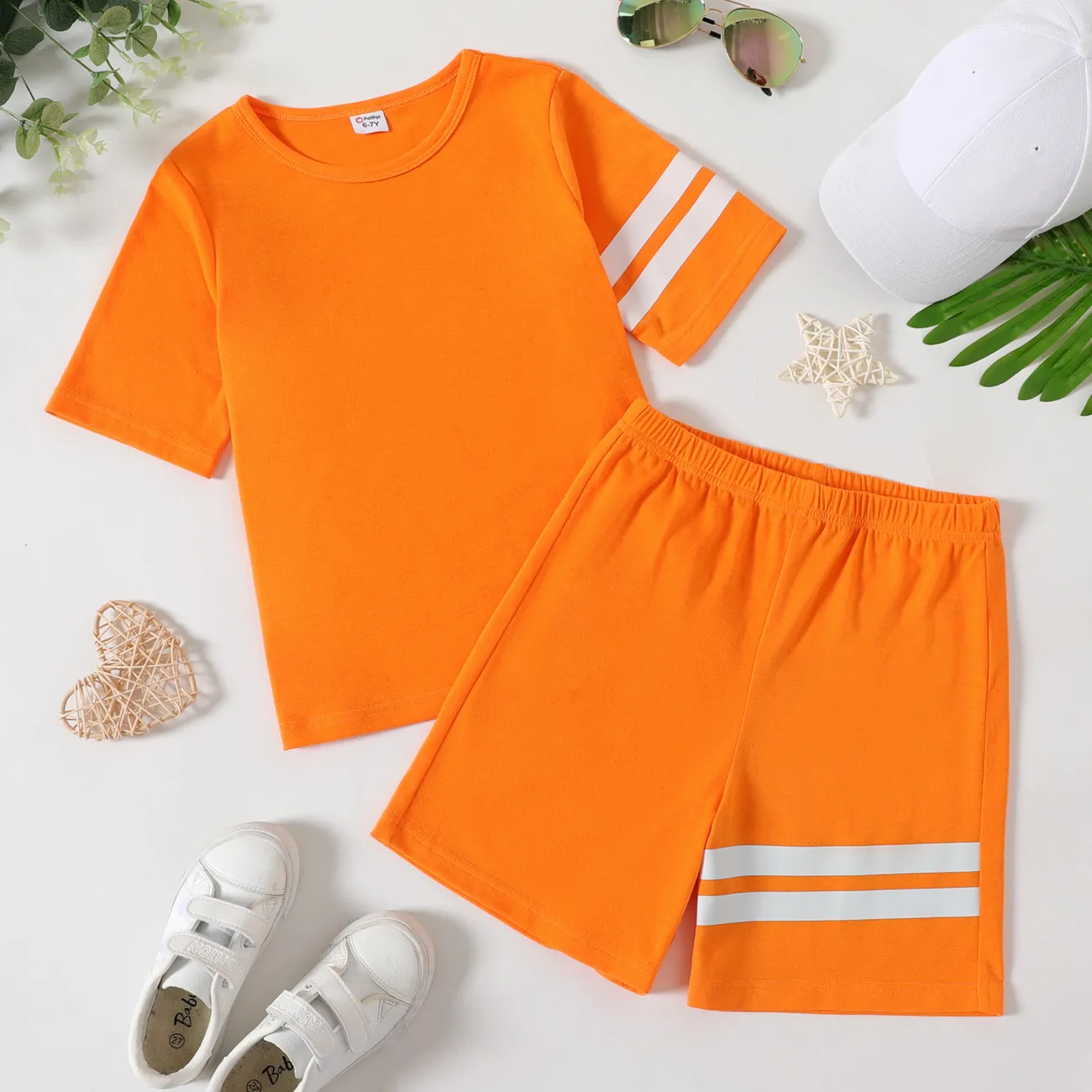 2-piece Kid Boy Striped Short-sleeve Tee and Elasticized Shorts Casual Set Orange big image 1