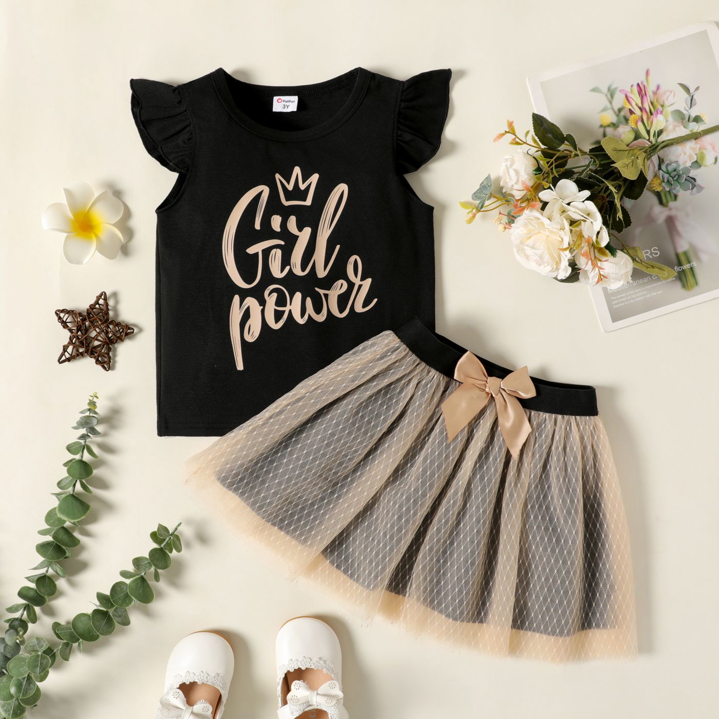 2-piece Toddler Girl Letter Print Flutter-sleeve Black Tee and Bowknot Design Mesh Skirt Set