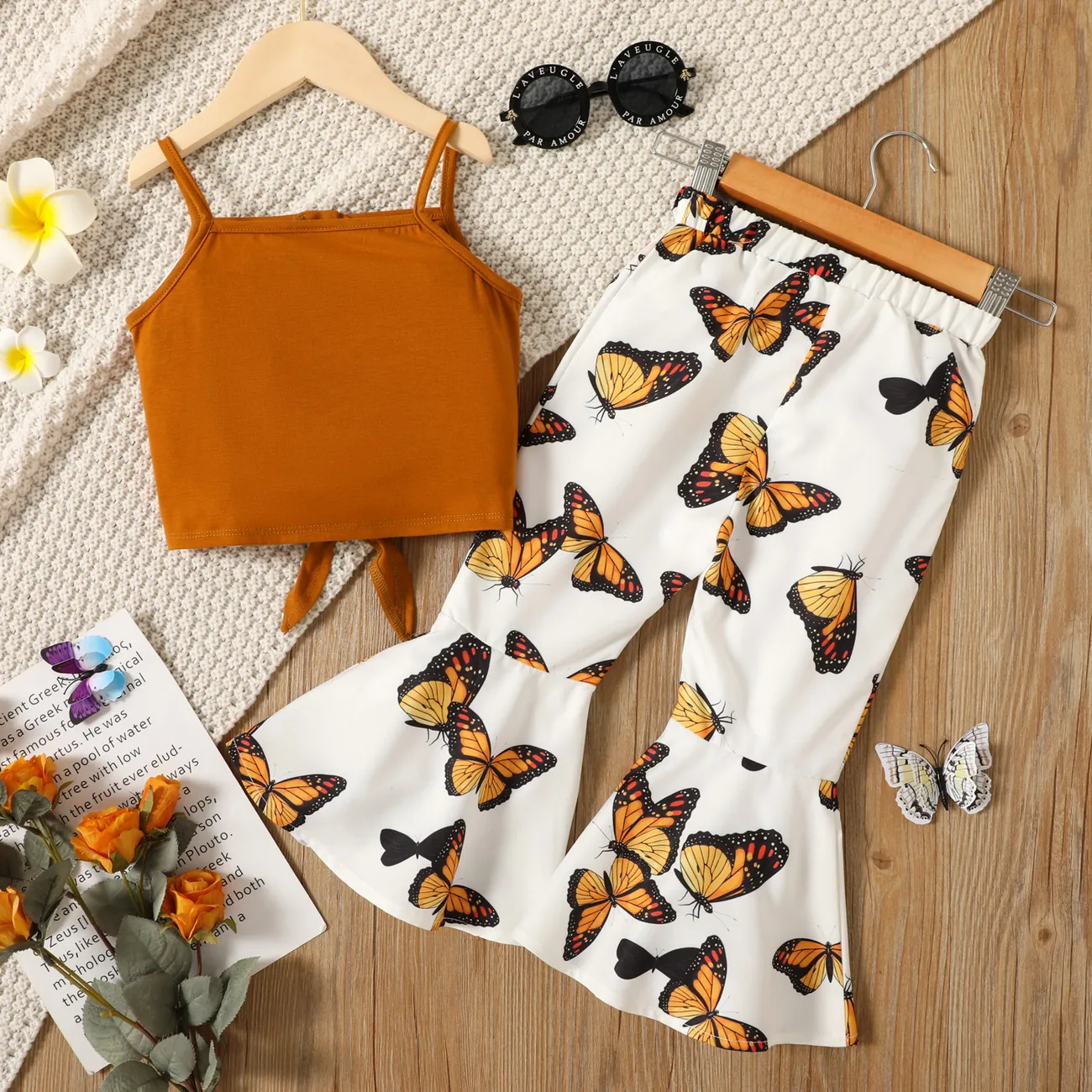 2-piece Toddler Girl Button Design Tie Knot Camisole Tank and Butterfly Print Flared Pants Set Brown big image 1