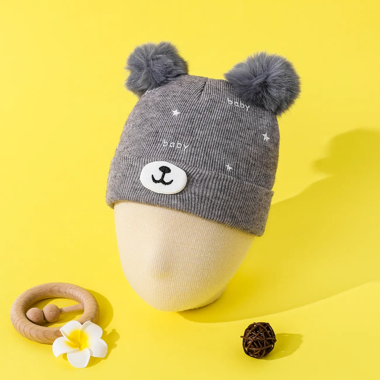 Baby Cartoon Bear Warm Cuffed Rib Knit Beanie Hat Grey big image 1