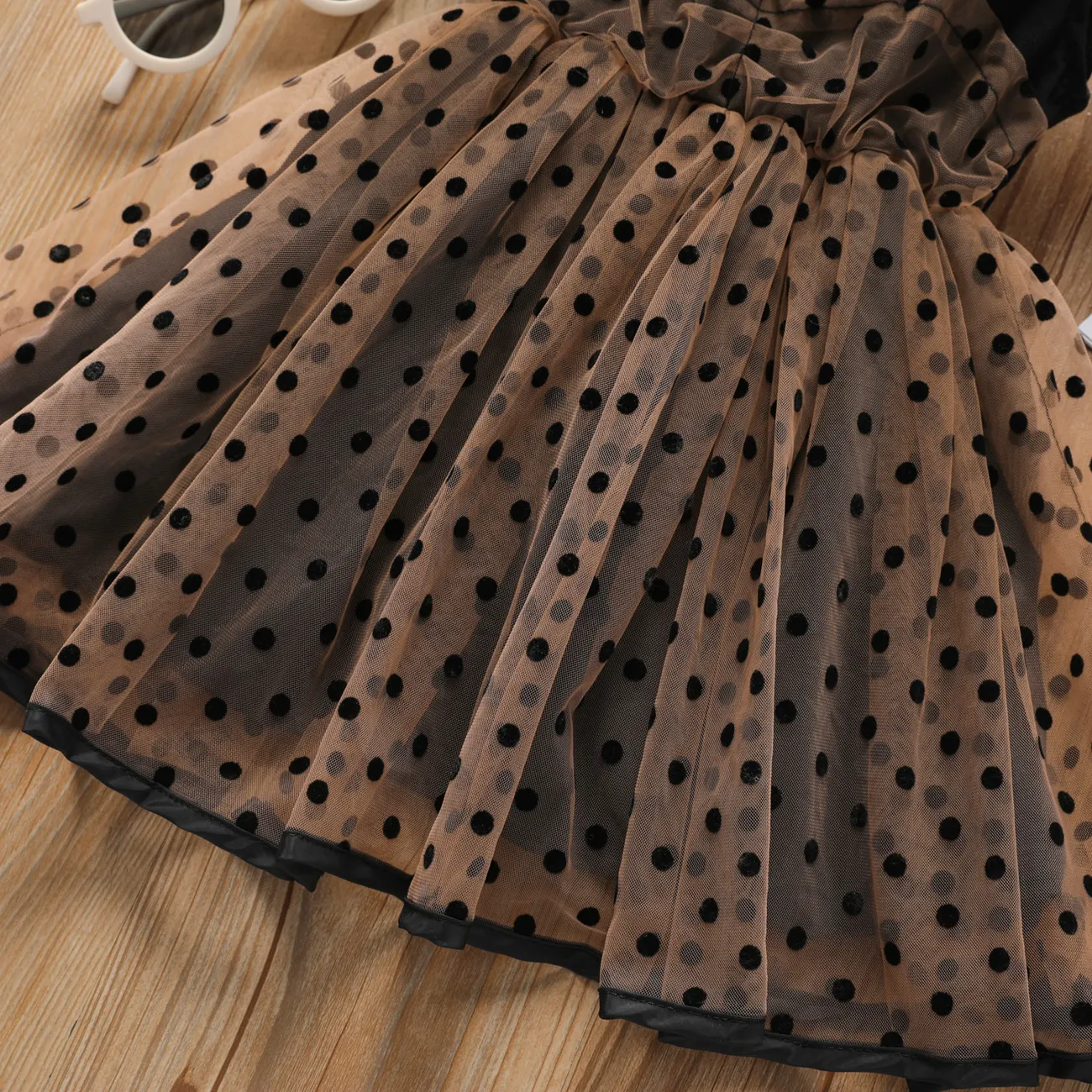فستان فتاة صغيرة منقطة بأكمام رفرفة شبكي أسود big image 1