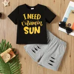2-piece Toddler Boy Letter Print Tee and Elasticized Ripped Shorts Set Black