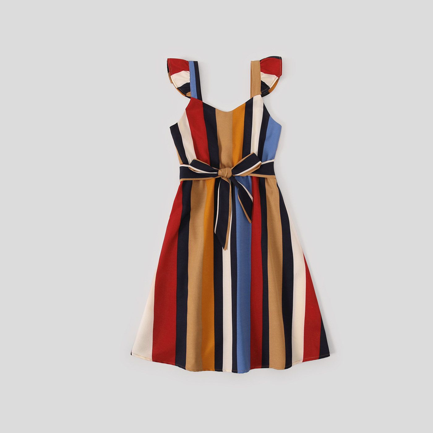Family Matching Multicolor Striped V Neck Spaghetti Strap Belted Dresses and Colorblock Short-sleeve
