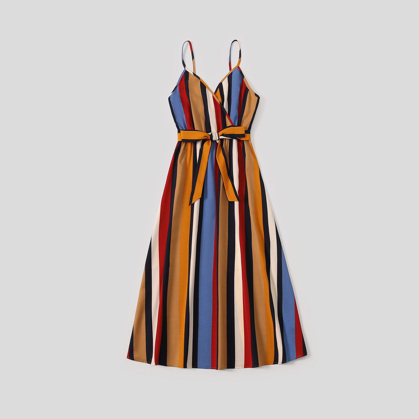 Family Matching Multicolor Striped V Neck Spaghetti Strap Belted Dresses and Colorblock Short-sleeve