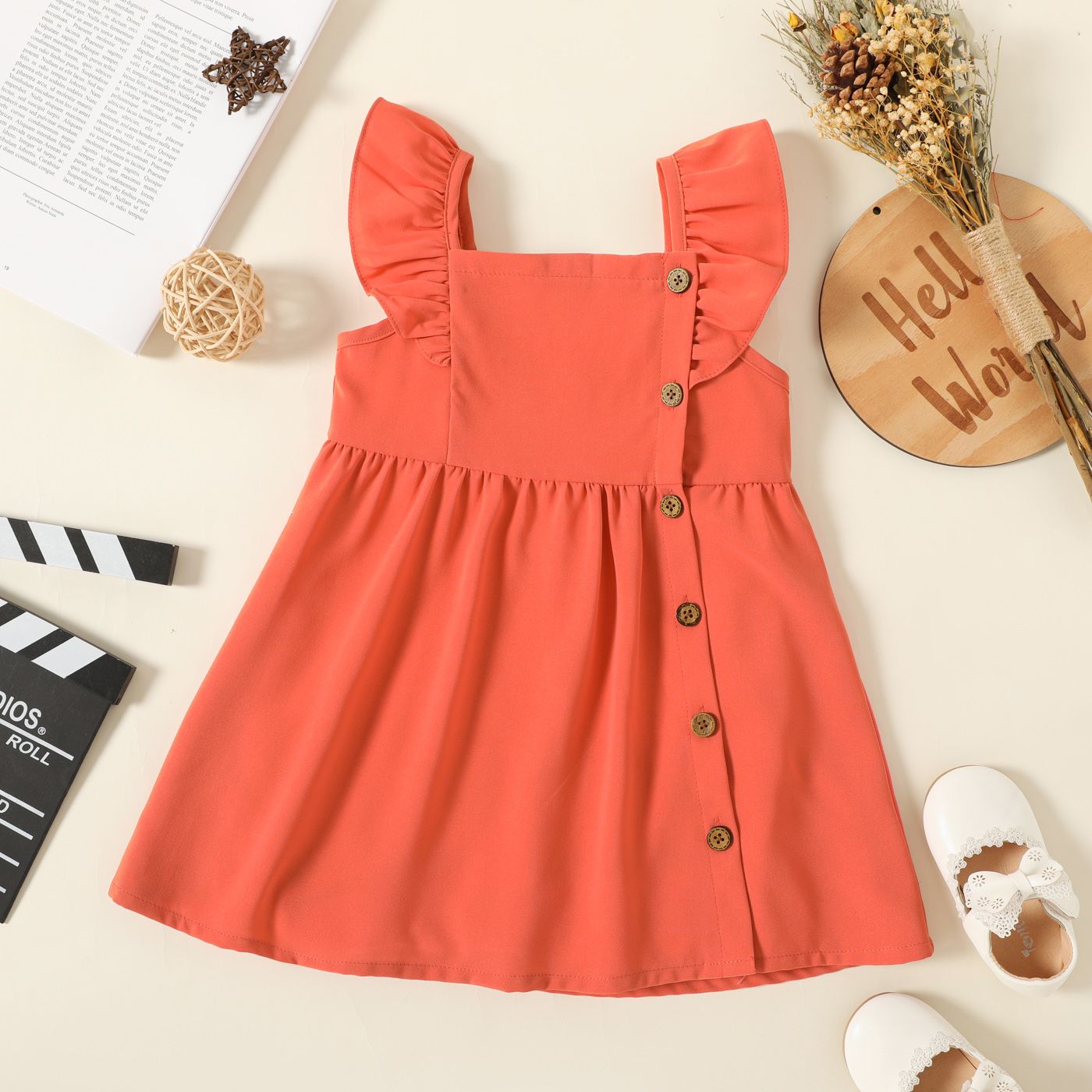 Toddler Girl Floral Print/Coral Red Square Neck Button Design Flutter-sleeve Dress