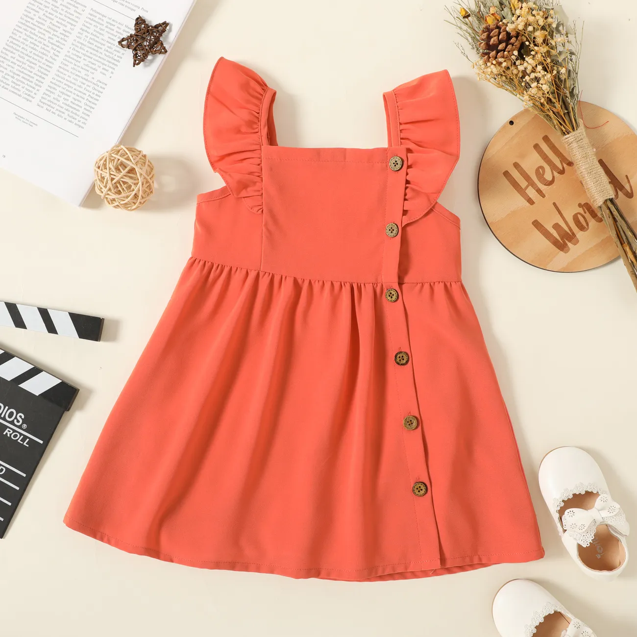 Toddler Girl Floral Print/Coral Red Square Neck Button Design Flutter-sleeve Dress coralred big image 1