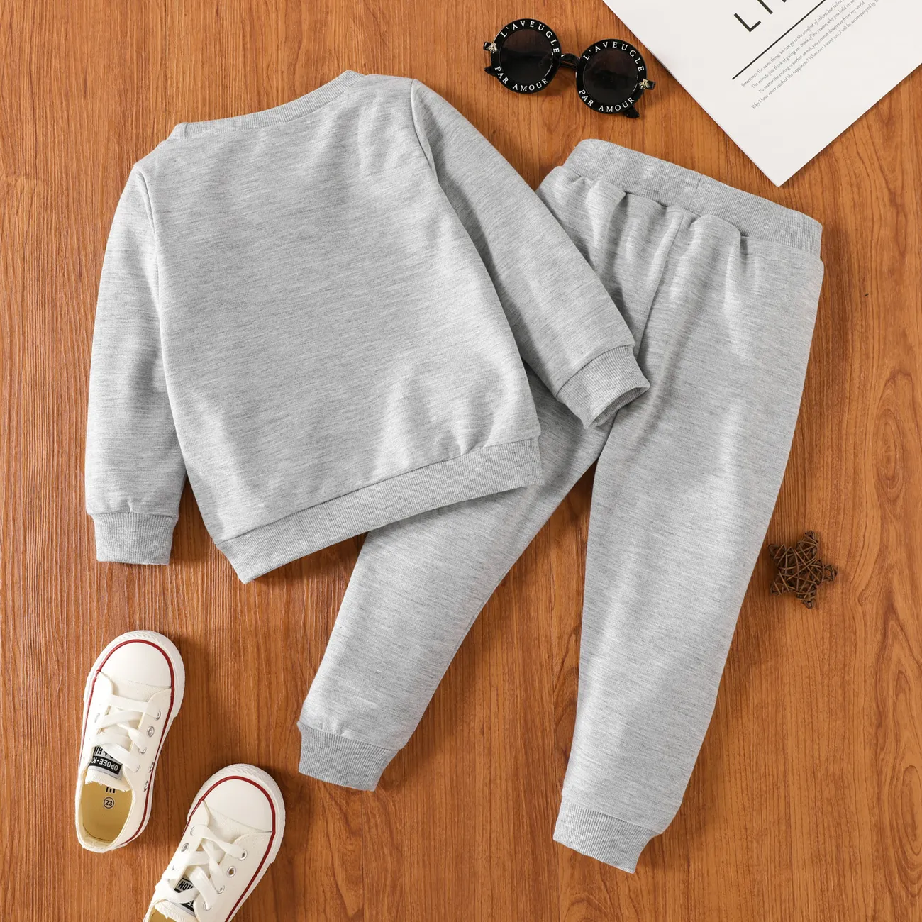 2-piece Toddler Boy/Girl Eye Print Pullover Sweatshirt and Pants Casual Set Grey big image 1
