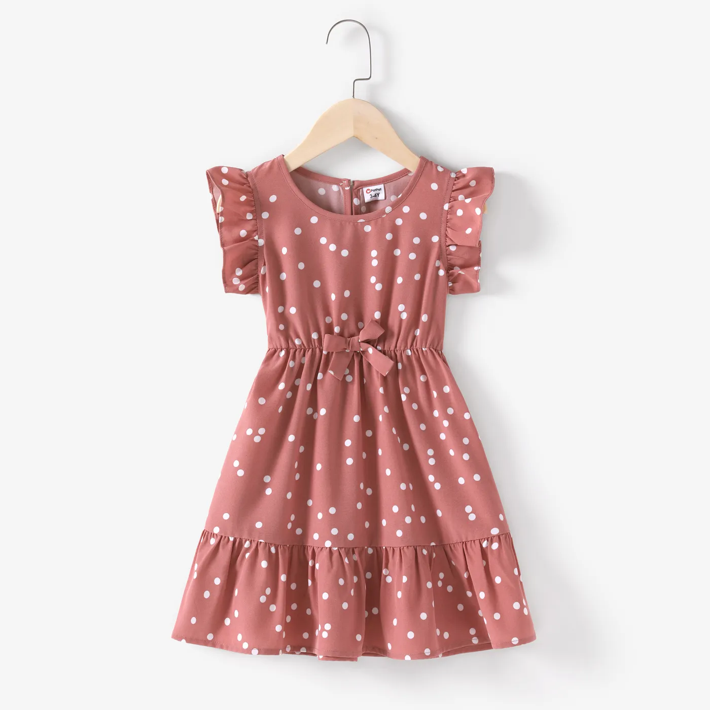 All Over Dots Pink Cross Wrap V Neck Ruffle Flutter-sleeve Dress For Mom And Me
