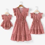 All Over Dots Pink Cross Wrap V Neck Ruffle Flutter-sleeve Dress for Mom and Me PinkyWhite image 2