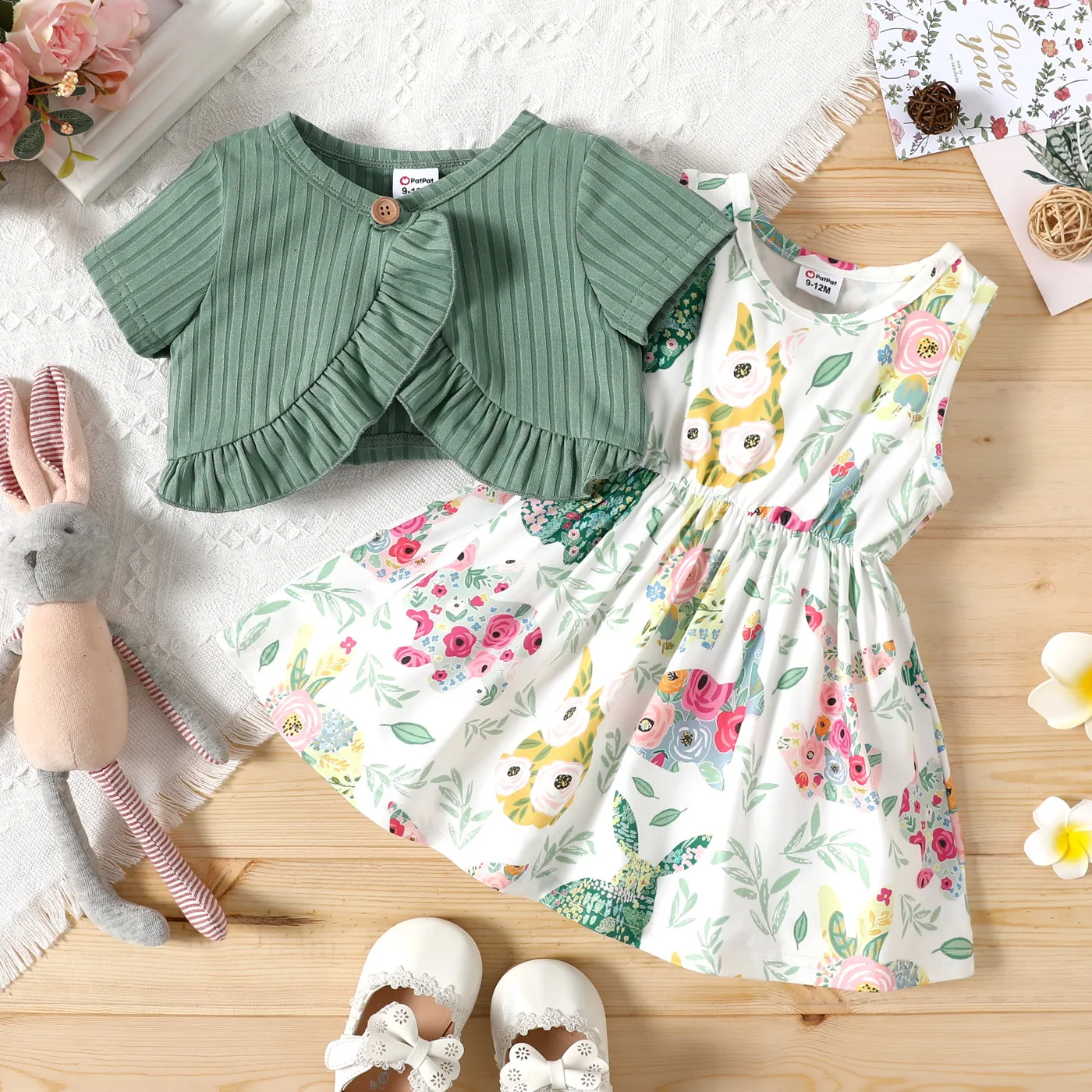 2pcs Baby Girl Solid Ribbed Short-sleeve Ruffle Top and Allover Rabbit Print Sleeveless Dress Set GrayGreen big image 1