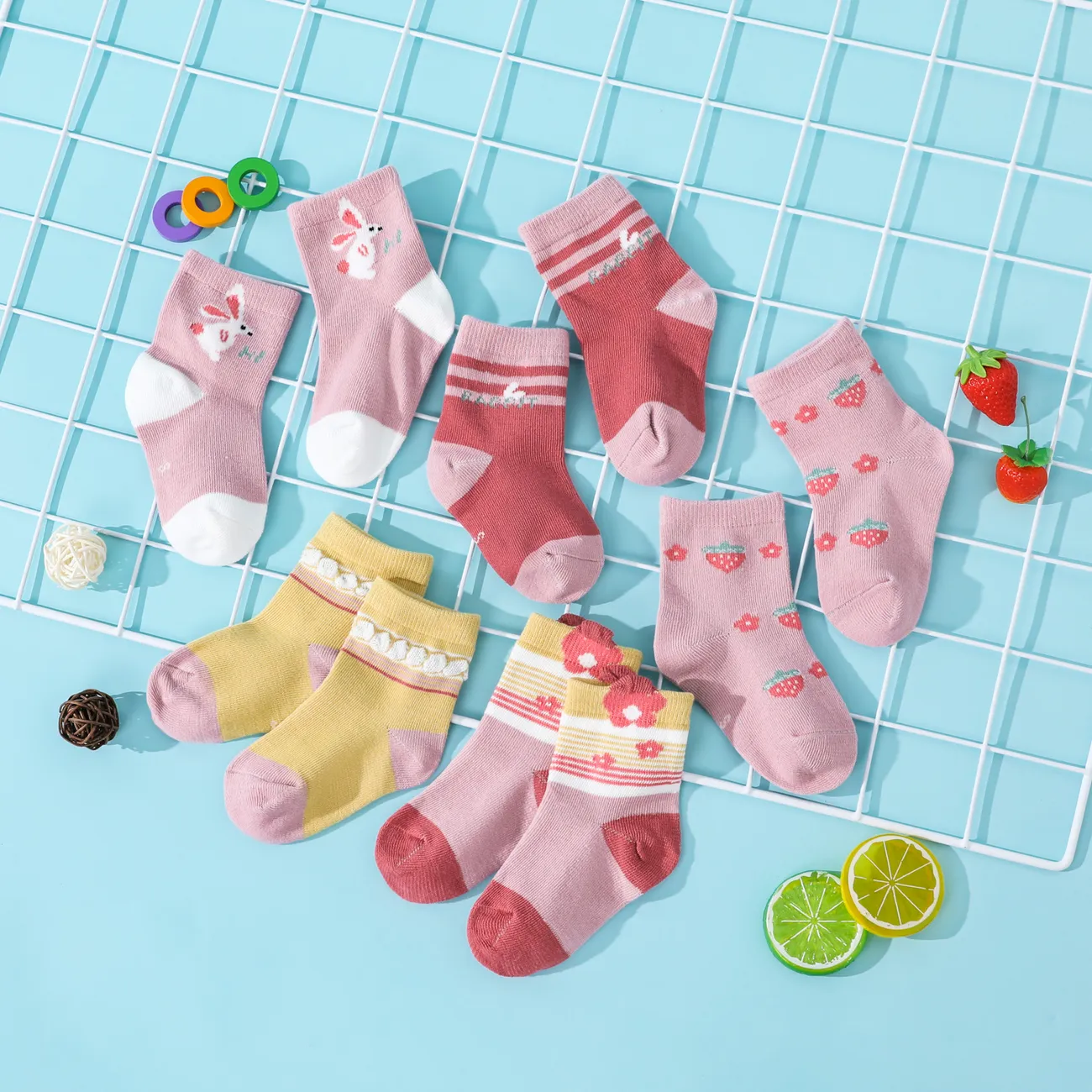 嬰兒/蹣跚學步/兒童 5 件裝男孩和女孩卡通印花襪子 粉色 big image 1