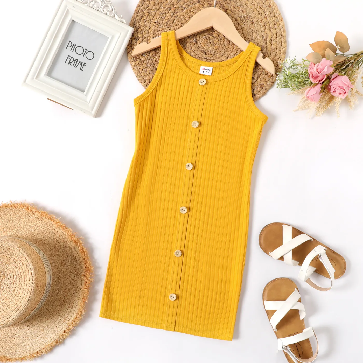 Kid Girl Solid Color Ribbed Sleeveless Dress Ginger-2