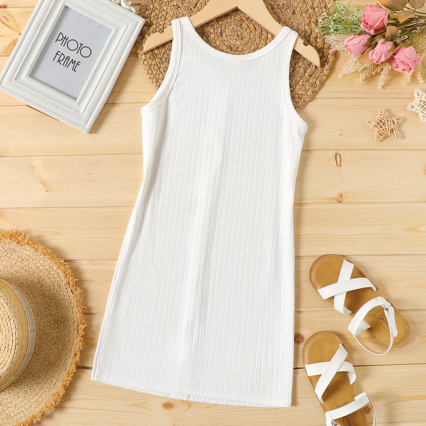 Kid Girl Solid Color Ribbed Sleeveless Dress White image 4