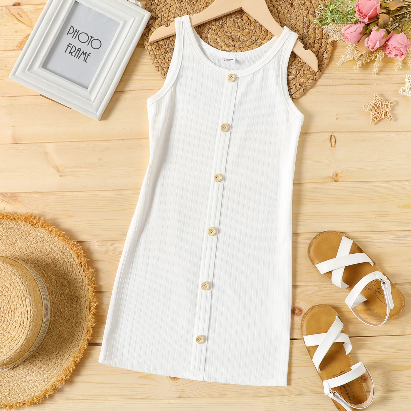 Kid Girl Solid Color Ribbed Sleeveless Dress White big image 1