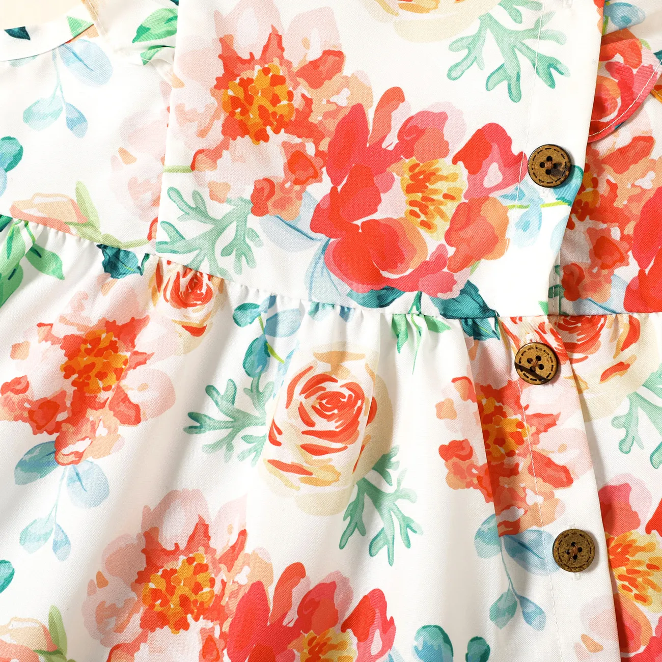 Toddler Girl Floral Print/Coral Red Square Neck Button Design Flutter-sleeve Dress White big image 1