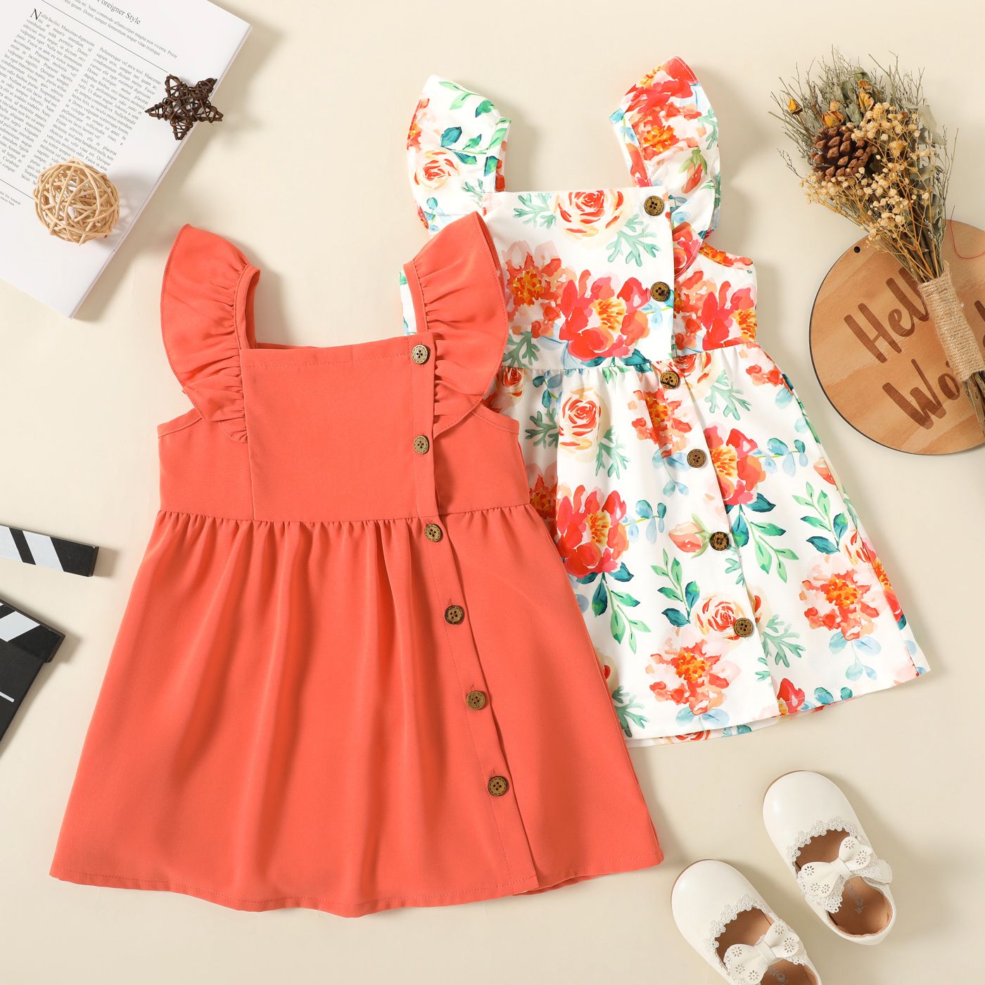 Toddler Girl Floral Print/Coral Red Square Neck Button Design Flutter-sleeve Dress