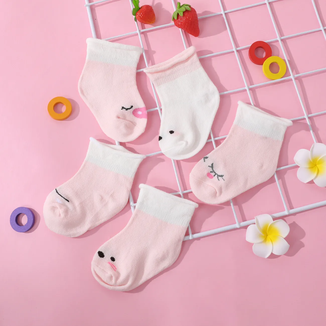 Pacote de 5 bebês / criança pequena listrada com padrão de desenho animado meias boca solta Rosa big image 1