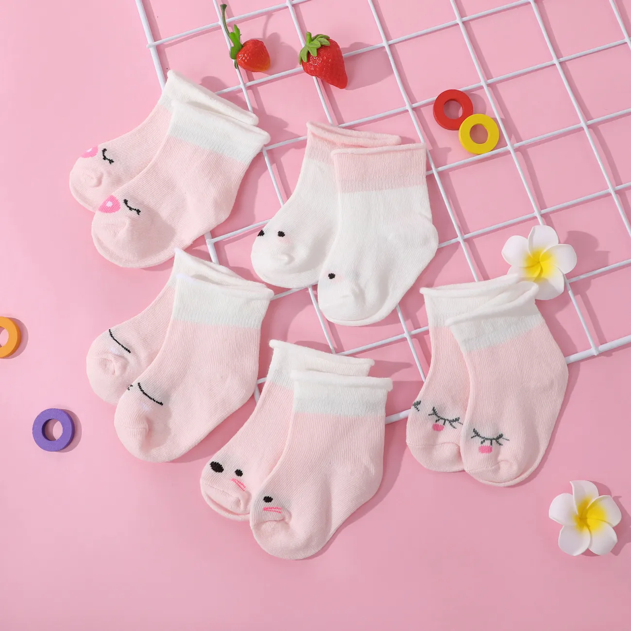 5 件裝嬰兒/幼兒條紋明星卡通圖案鬆口襪子 粉色 big image 1