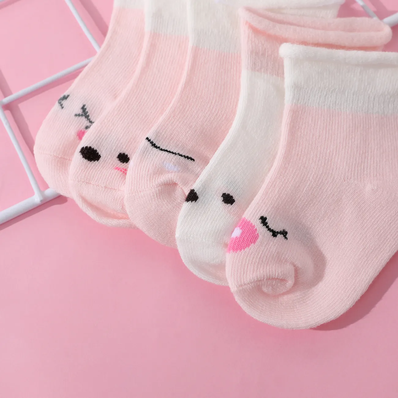 Pacote de 5 bebês / criança pequena listrada com padrão de desenho animado meias boca solta Rosa big image 1