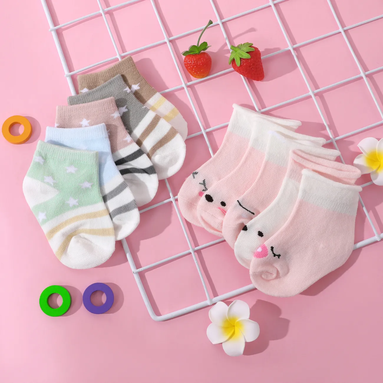 5er-Pack Baby / Kleinkind Streifen Sterne Cartoon Muster lose Mund Socken rosa big image 1