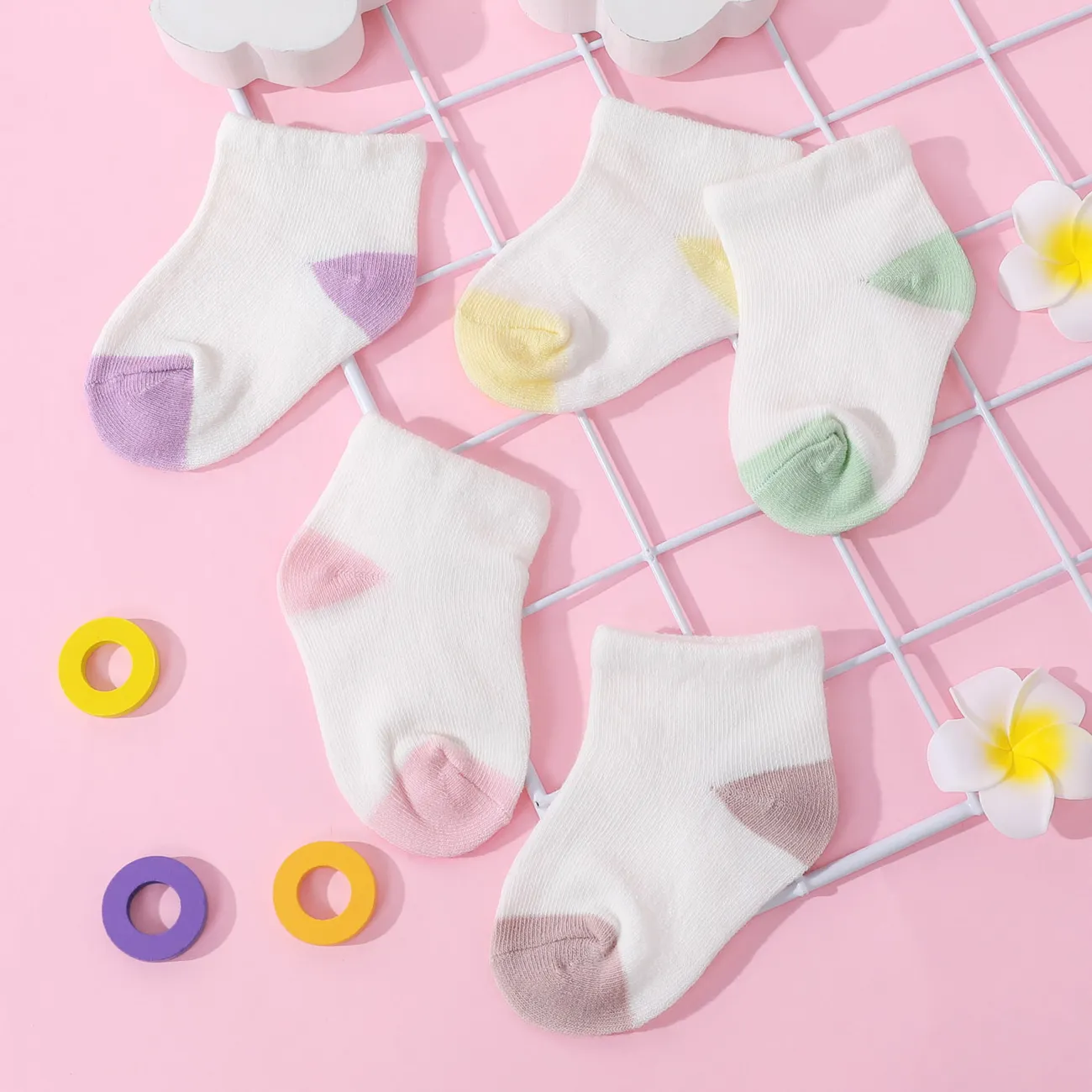 5件裝嬰兒/幼兒雙色拼色鬆口襪 淡黃 big image 1