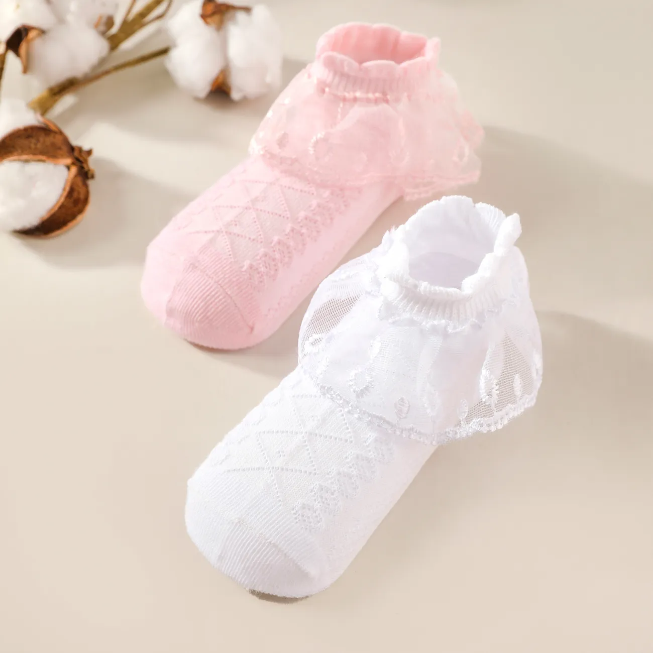 嬰兒/蹣跚學步/兒童蕾絲飾邊純色透氣襪舞蹈襪 白色 big image 1