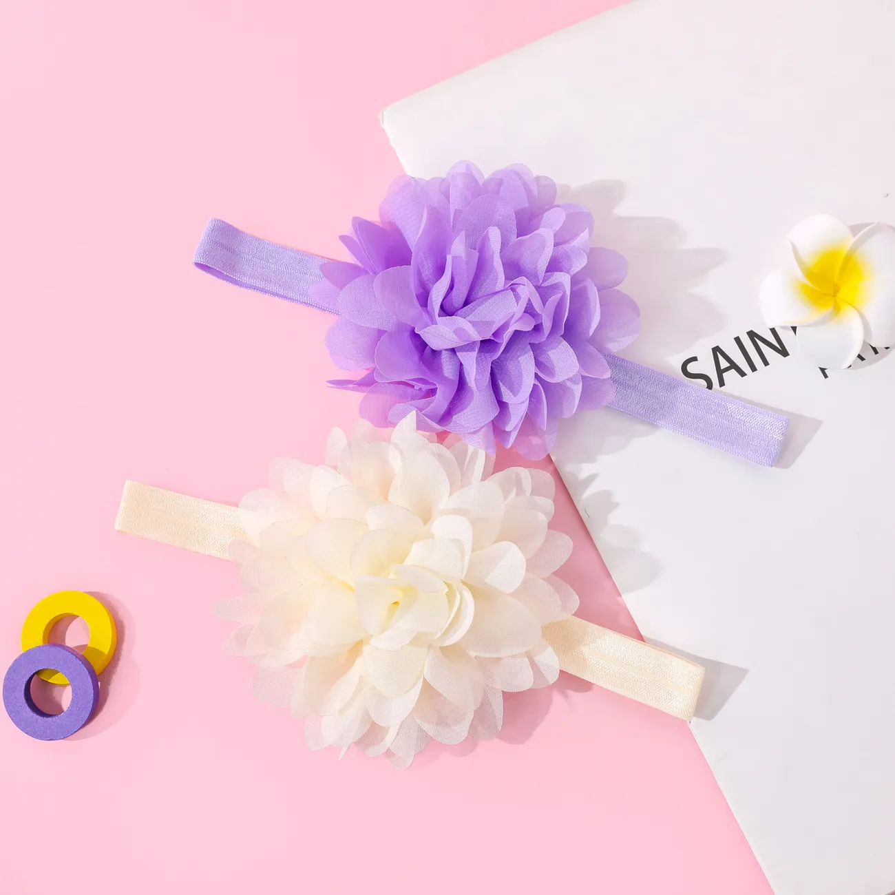 2-حزمة نقية اللون كبير الأزهار عقال الشعر اكسسوارات للفتيات (بدون بطاقة ورقية) اللون ج big image 1