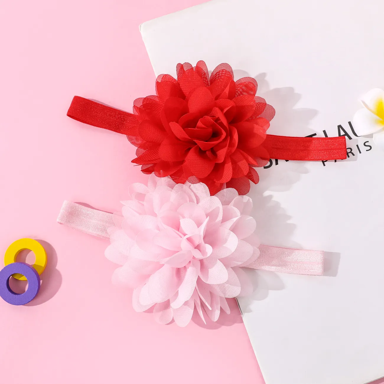 2-حزمة نقية اللون كبير الأزهار عقال الشعر اكسسوارات للفتيات (بدون بطاقة ورقية) اللون- أ big image 1