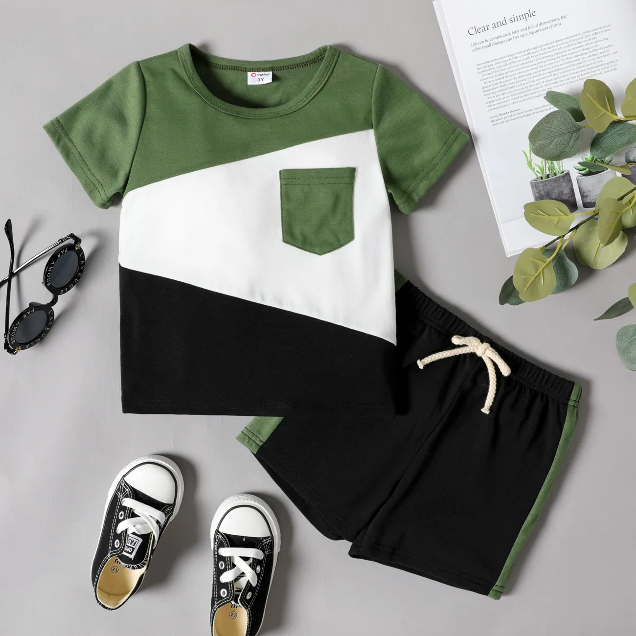 2-قطعة طفل رضيع تصميم جيب colorblock المحملة ومجموعة السراويل المرنة أخضر غامق big image 1