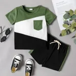 2-piece Toddler Boy Colorblock Pocket Design Tee and Elasticized Shorts Set Dark Green image 2