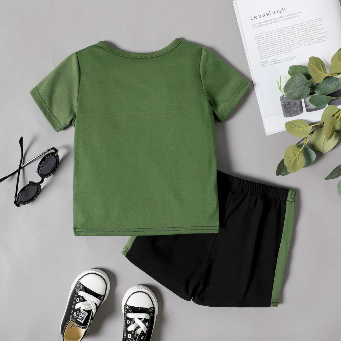 2-قطعة طفل رضيع تصميم جيب colorblock المحملة ومجموعة السراويل المرنة أخضر غامق big image 1