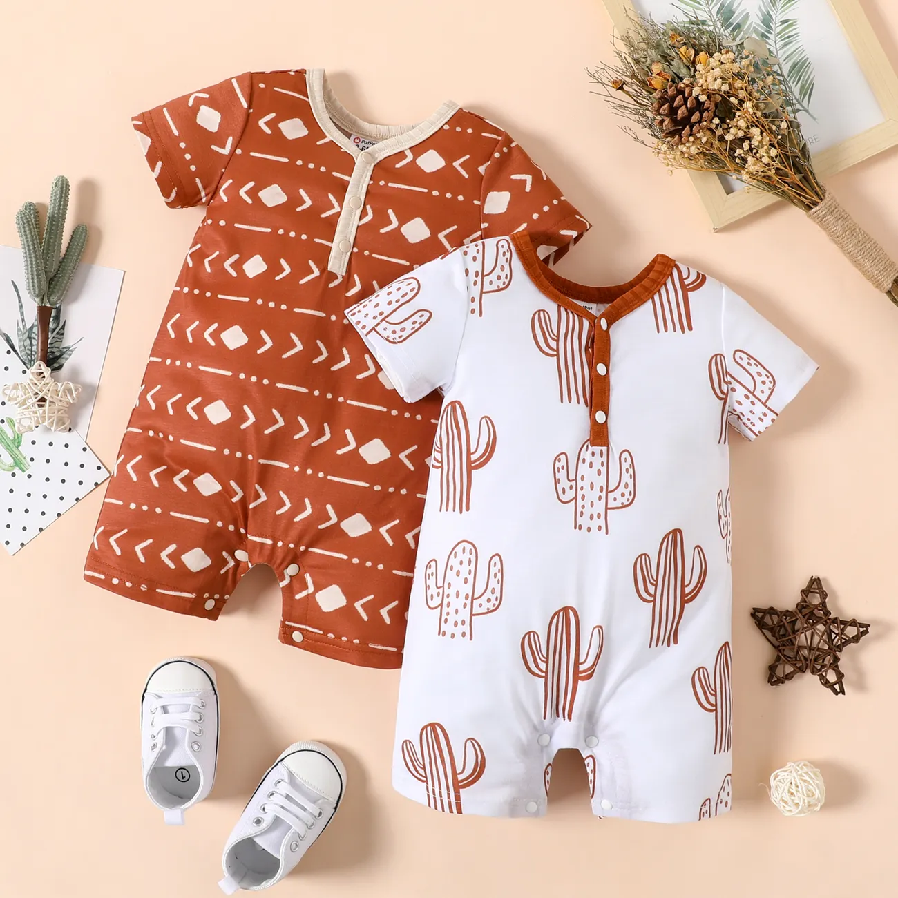 Baby Boy All Over Print Short-sleeve Snap Romper White big image 1