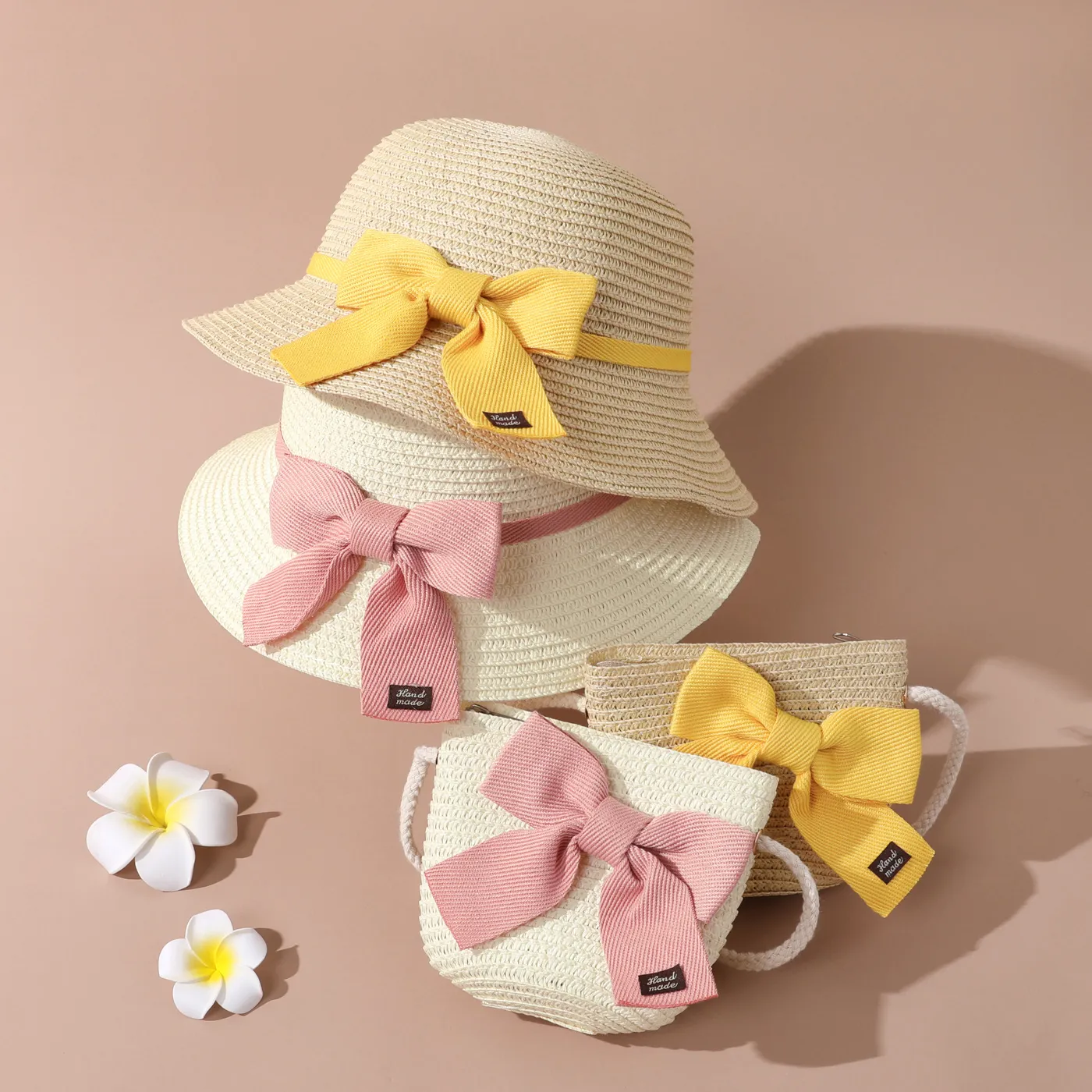 Toddler / Kid Lace-up Bow Straw Bucket Hat and Straw Bag Set for Girls