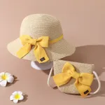Conjunto de sombrero de cubo de paja con lazo con cordones para niños pequeños / niños y bolso de paja para niñas Amarillo