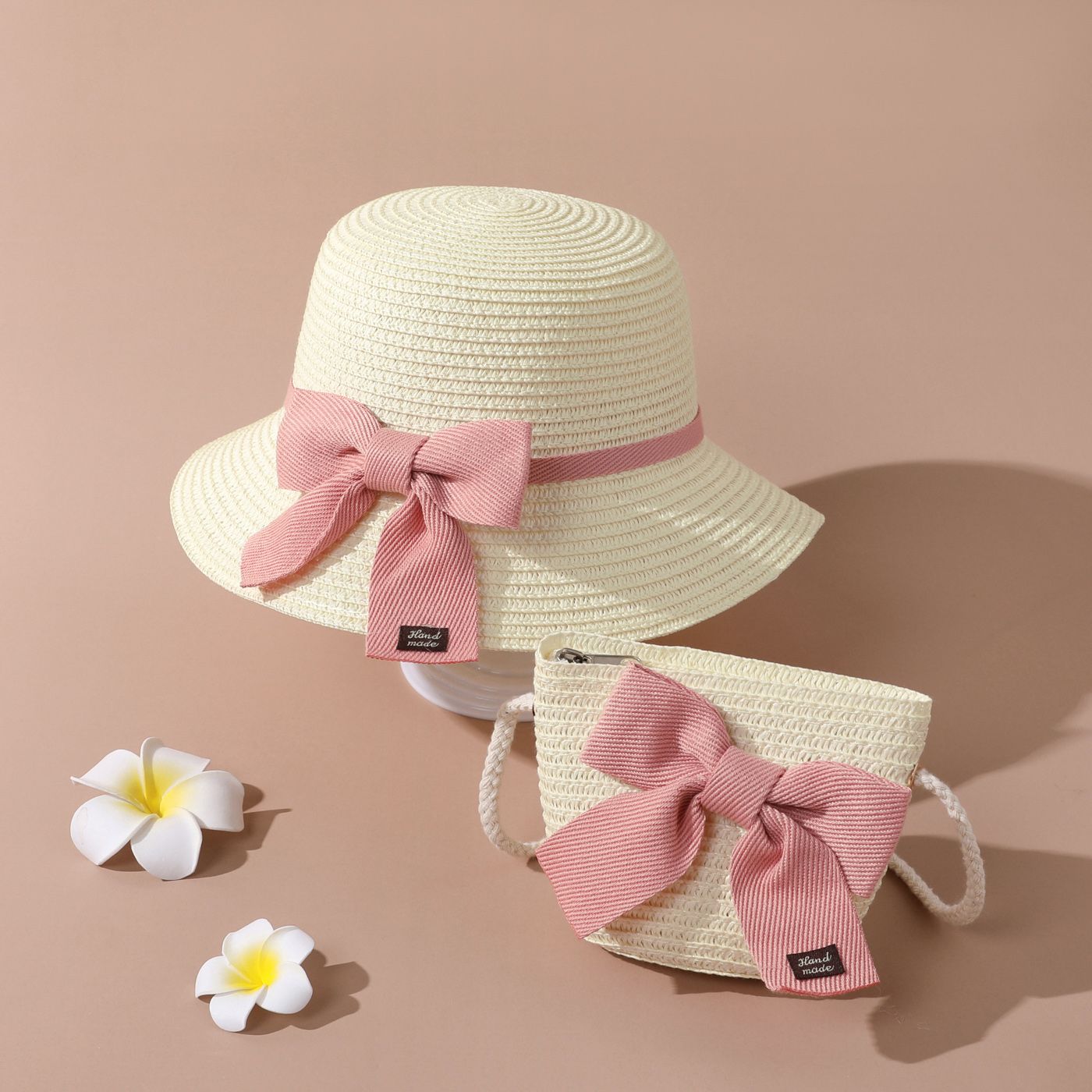 

Toddler / Kid Lace-up Bow Straw Bucket Hat and Straw Bag Set for Girls